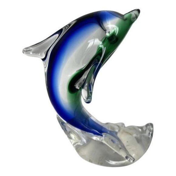 1970s Mouth-Blown Murano Style Dolphin Glass Paperweight - Picture 1 of 9